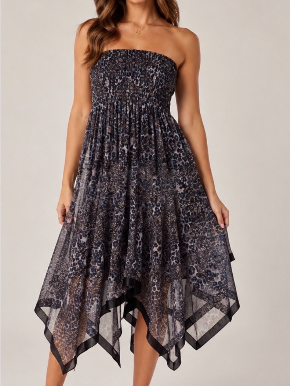 Lapis Strapless Black Multi Animal-Print Handkerchief Hem Dress